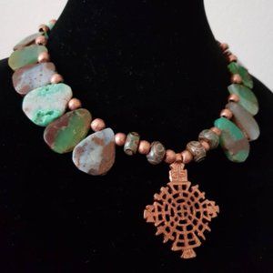 SOLD Tribal Necklace with Chrysoprase, Agate and Awasa Ethiopian Pendant